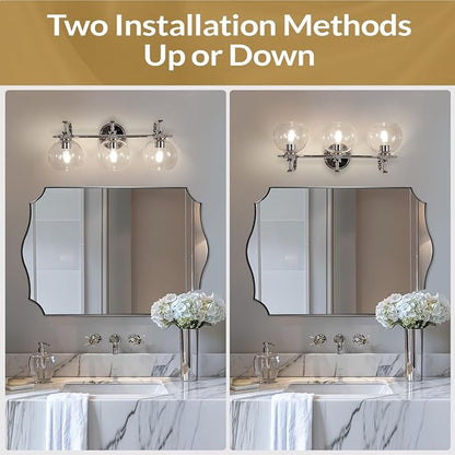 Chrome Vanity Light, 3-Light Polished Silver Bathroom Light Fixture Over Mirror, Modern Wall Sconce with Clear Glass Shade, Industrial Wall Lighting for Living Room, Bedroom, Hallway, 22.3"