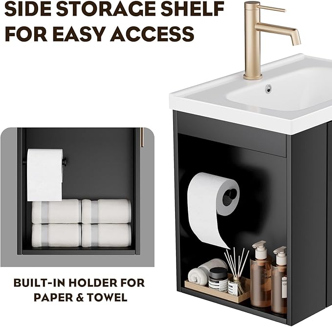 phiestina Pre-Assembled 20 Inch Floating Bathroom Vanity for Small Space, Wall-Mounted Black Cabinet with Ceramic Sink, Soft-Close Door, Left Side Storage, No Faucet,BV04-20-PUREBLACK-PLUS