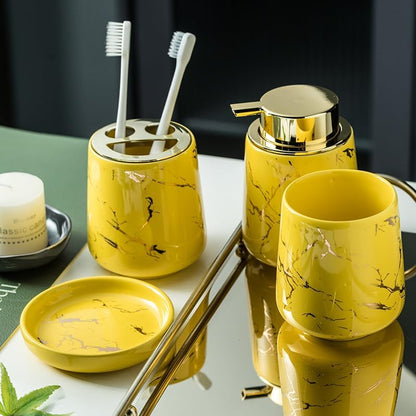 YYW Ceramic Bathroom Accessory Set, Marble Soap Dispenser Washing Set- Hand Lotion Dispenser Pump, Toothbrush Holder,Tumblers, Soap Dish-Refillable Liquid Dispenser (Yellow Four Piece)