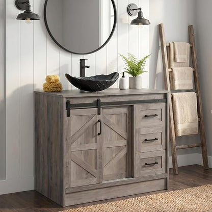 36" Farmhouse Bathroom Vanity with Sink, Bathroom Storage Cabinet with Sliding Barn Doors & Drawers, Freestanding Vanity with Silver Leaf Vessel Sink Combo Set