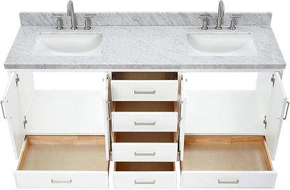 ARIEL Stafford 72-inch Bathroom Vanity with Sink,Solid Wood, 1.5-inch Italian Carrara Marble Countertop, Double Rectangular Porcelain Sink, 4 Soft Closing Doors, 6 Dovetail Drawers, White