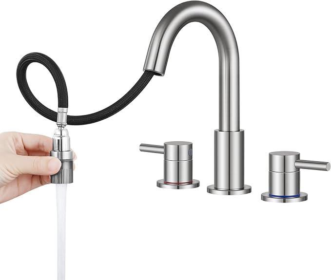 FGKQ Brushed Nickel Bathroom Faucet 3 Hole with Pull Down Sprayer 2 Modes, Pull Down Bathroom Sink Faucet with Pop Up Drain, 8 Inch Widespread Bathroom Faucet