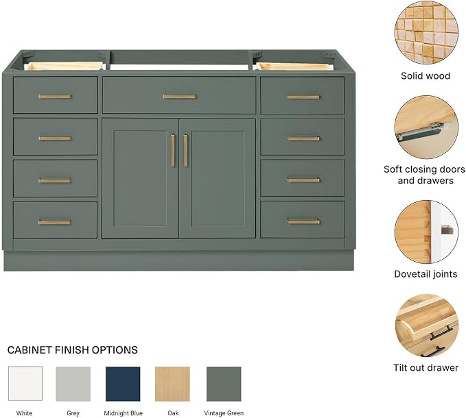 ARIEL Hepburn 60-inch Bathroom Vanity Base Cabinet,Solid Wood, 2 Soft Closing Doors, 9 Dovetail Drawers, Vintage Green