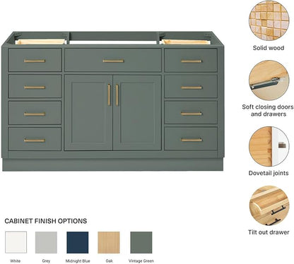 ARIEL Hepburn 60-inch Bathroom Vanity Base Cabinet,Solid Wood, 2 Soft Closing Doors, 9 Dovetail Drawers, Vintage Green