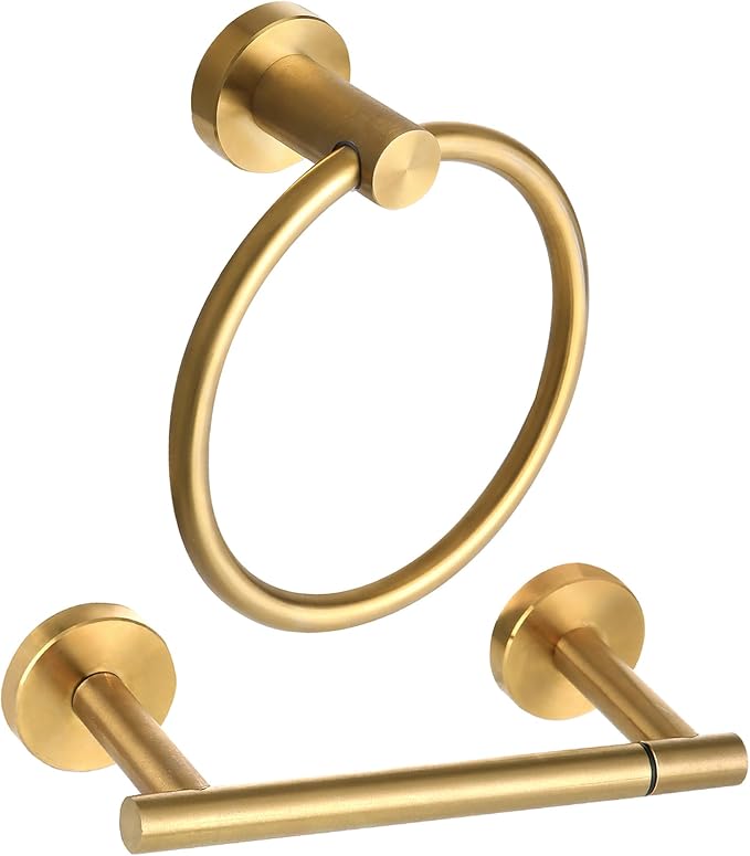 Brushed Gold Toilet Paper Holder Set, Stainless Steel Towel Ring, Double Post Pivoting Toilet Paper Holder and Hand Towel Holder Set for Bathroom