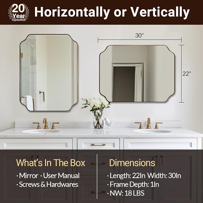 22X30 Inch Brushed Gold Scalloped Mirrors for Bathroom Sink | Rust-Proof Stainless Steel Frame, Aesthetic Notched Corner Design, Electronic Display Grade Glass, Ideal for Bathroom Remodel