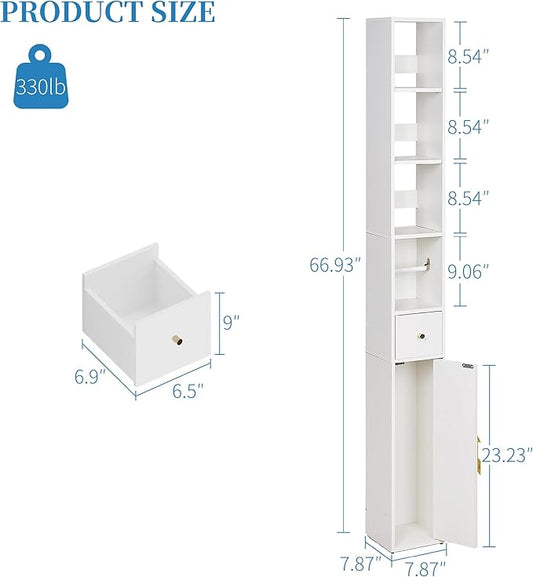 VECELO Narrow Bathroom Storage Cabinet, 67" Tall Cabinet Organizer with Toilet Paper Holder, Anti-Tip Device, 3 Adjustable Shelves, Drawer & Magnetic Door for Small Spaces, White