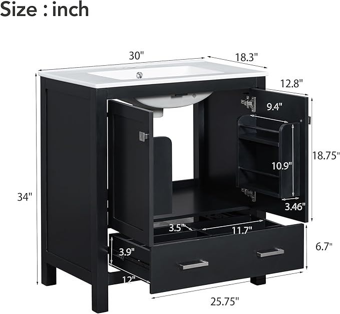 LUMISOL 60" Bathroom Vanity with Double Sink, Solid Wood Bathroom Cabinet with 2 Drawers, Storage Racks & 2 Cabinets, Separate Two 30 Inch Bathroom Vanities with Double Ceramic Sinks, Black