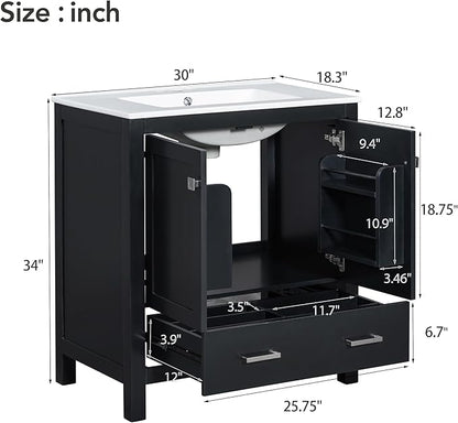 LUMISOL 60" Bathroom Vanity with Double Sink, Solid Wood Bathroom Cabinet with 2 Drawers, Storage Racks & 2 Cabinets, Separate Two 30 Inch Bathroom Vanities with Double Ceramic Sinks, Black