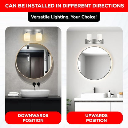 4-Light Bathroom Vanity Bar Light Fixture - Brushed Nickel | Modern Frosted glass shades with E26 socket. Matte Wall sconce lighting perfect over mirror, kitchen, hallway, or entryway