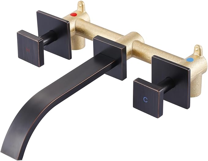Wall Mount Bathroom Faucet 3 Hole Oil Rubbed Bronze Bathroom Faucet | Waterfall Bathroom Faucet with Two Handles, Brass Bathroom Sink Faucet with Rough-in Valve, Vessel Sink Faucet for Vanity