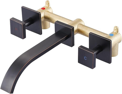Wall Mount Bathroom Faucet 3 Hole Oil Rubbed Bronze Bathroom Faucet | Waterfall Bathroom Faucet with Two Handles, Brass Bathroom Sink Faucet with Rough-in Valve, Vessel Sink Faucet for Vanity