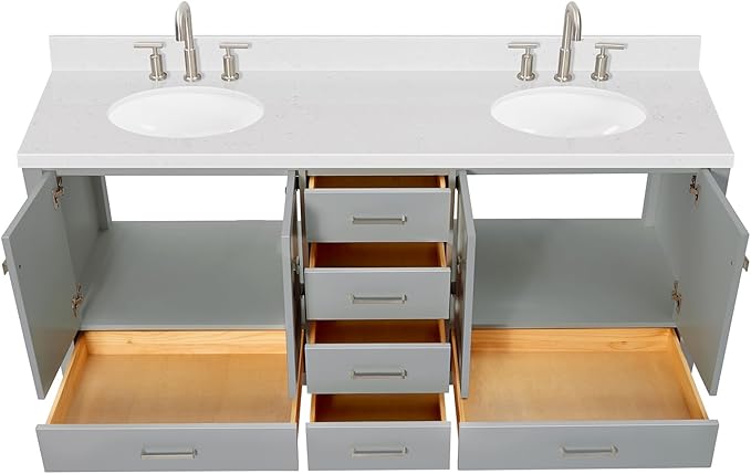 ARIEL Cambridge 72-inch Bathroom Vanity with Sink,Solid Wood, 1.5-inch Carrara White Quartz Countertop & Backsplash, Double Oval Porcelain Sink, 4 Soft Closing Doors, 6 Dovetail Drawers, Grey