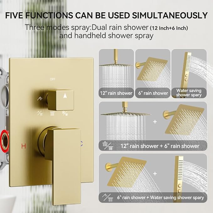 Shower System Shower Faucet Set, STARBATH 12"+6" Ceiling Mount Rain Shower Head and Handheld Spray for Two Person, Rainfall Shower System with Diverter Valve and Trim Kit Complete,Brushed Gold