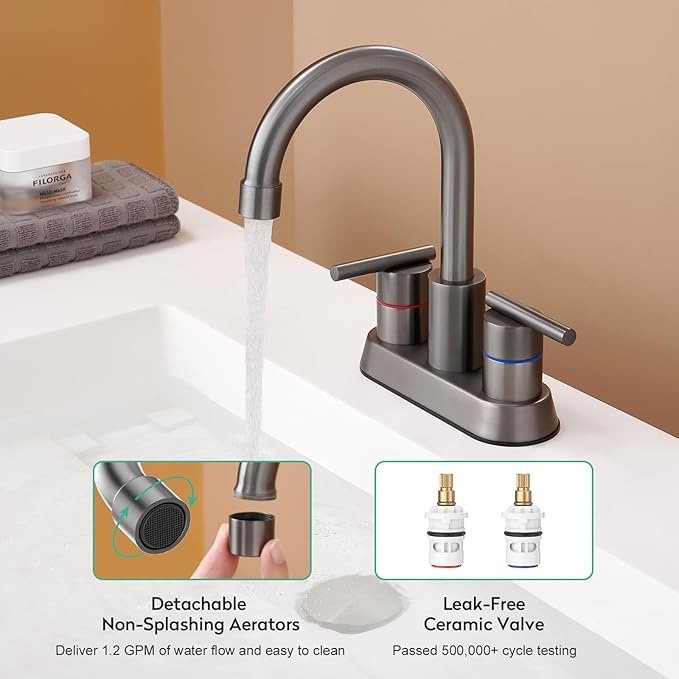 Faustina Gery Bathroom Faucet, 4 Inch Centerset Faucet for Sink 2 Holes 3 Holes，Two Handles 304 Stainless Steel with Pup up Drain Assembly and 2 Water Supply Lines for RV Vanity