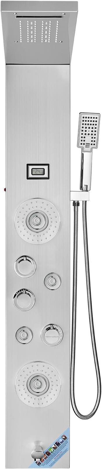 VEVOR Shower Panel Tower System, 6 Shower Modes, LED & Display Shower Panel, Rainfall, Waterfall, 4 Body Massage Jets, Tub Spout, Handheld Shower Head 59" Hose, Stainless Steel Wall-Mounted Shower Set