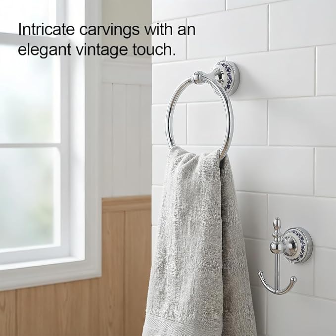 2 pcs Silver Towel Ring Hook Holder Wall Mount Rack Blue&White Porcelain Ceramic Base Stainless Steel Old Chinese Decor