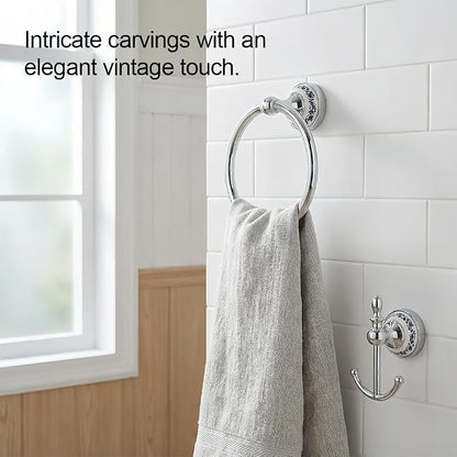 2 pcs Silver Towel Ring Hook Holder Wall Mount Rack Blue&White Porcelain Ceramic Base Stainless Steel Old Chinese Decor