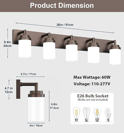 Bathroom Light Fixtures, Oil Rubbed Bronze Bathroom Lighting Fixtures Over Mirror, Modern Vanity Light with White Glass Shade, Restroom Lighting Fixtures, 5-Light 36-inch