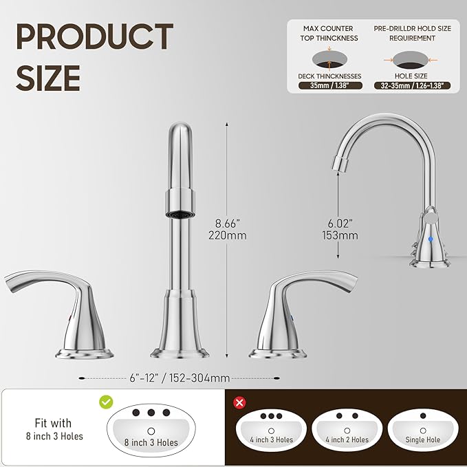 Phiestina 8 Inch Widespread Chrome Bathroom Sink Faucet, 2 Handle 3 Hole Bathroom Faucet with Metal Pop up Drain and Water Supply Lines, WFJC180-C