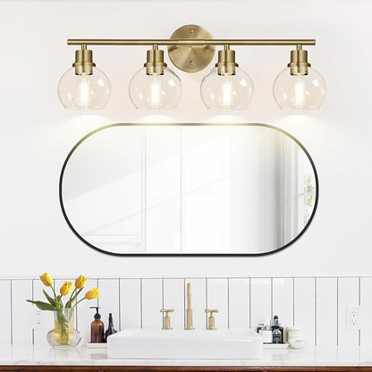4-Light Bathroom Light Fixtures, Brushed Brass Bathroom Lights Over Mirror with Clear Glass Globe Shade, Vanity Lights for Bathroom Kitchen Living Room Hallway Cabinet Bedroom Porch
