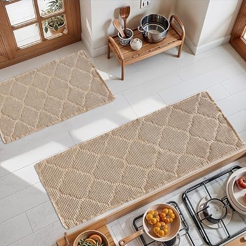 ZALL Set of 2 Tan Waffle Bath Mat, Super Absorbent Non Slip Bathroom Rug, Brown 17x24inch and 20x48inch, Geometric Diamond Machine Washable Ultra Soft Floor Mats