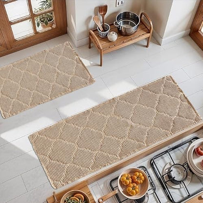 ZALL Set of 2 Tan Waffle Bath Mat, Super Absorbent Non Slip Bathroom Rug, Brown 17x24inch and 20x48inch, Geometric Diamond Machine Washable Ultra Soft Floor Mats
