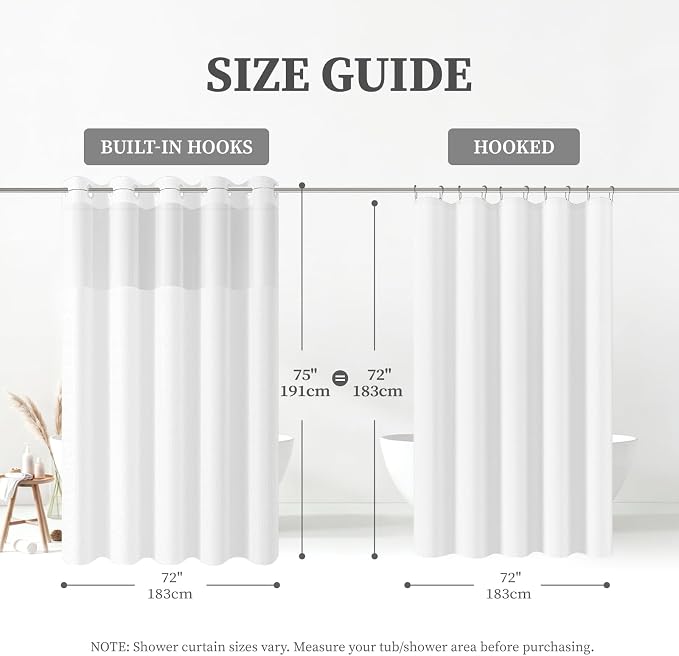 White Ringless Linen Textured Shower Curtain with Snap in Liner, 72x75 | 3 in 1 Hotel Shower Curtain Set, Removable Liner, Waterproof & Washable, Mesh Top Window, Durable Fabric, Easy to Install