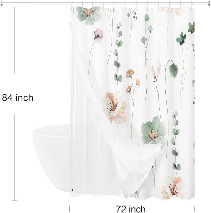 Extra Long 3 in 1 Shower Curtain Set, Watercolor Floral Bath Curtain and PEVA Liner Set with 12 Double Sided Steel Hooks, Modern Waterproof Fabric Bathroom Curtain 72x84, Sage Green