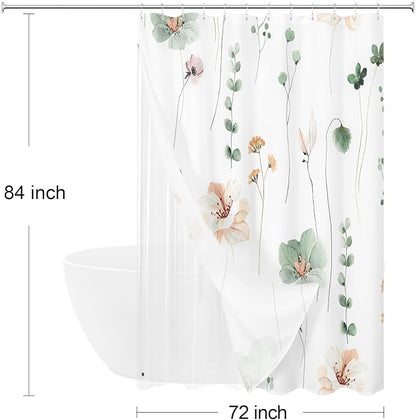 Extra Long 3 in 1 Shower Curtain Set, Watercolor Floral Bath Curtain and PEVA Liner Set with 12 Double Sided Steel Hooks, Modern Waterproof Fabric Bathroom Curtain 72x84, Sage Green