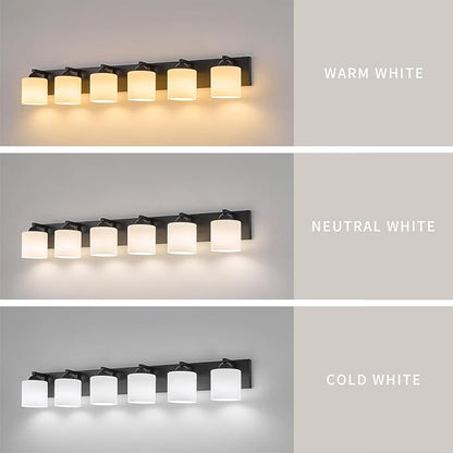 mirrea 44-Inch 6-Light Black Vanity Lights for Bathroom, Vanity Lighting Fixtures with Etched White Glass Shades