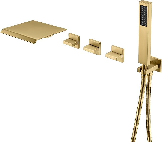 SUMERAIN Wall Mounted Bathtub Faucet with Handheld Shower, Waterfall Tub Faucet Filler Brushed Gold Finish, with Rough in Valve