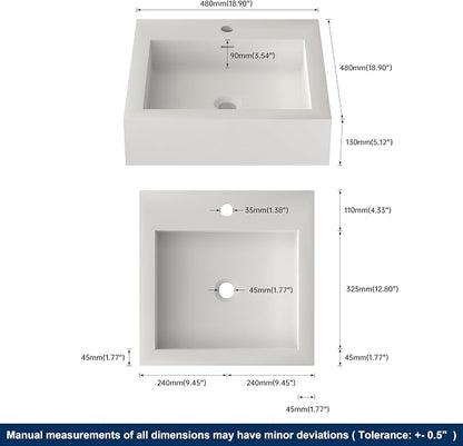 Small Vessel Sink, Stone Resin 19" x 19" Wall Mount Bathroom Sink | Floating Sinks with Overflow, Square Solid Surface Floating Vessel Sinks, White