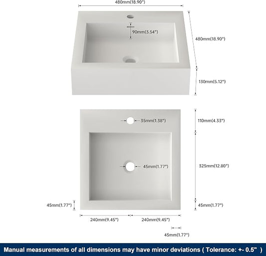 Small Vessel Sink, Stone Resin 19" x 19" Wall Mount Bathroom Sink | Floating Sinks with Overflow, Square Solid Surface Floating Vessel Sinks, White