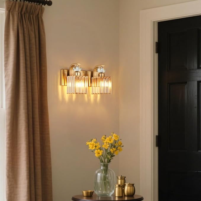 Modern Bathroom Vanity Light, 2-Light Gold Bathroom Lighting Fixtures Over Mirror, 12.6" Crystal Wall Light Sconce for Bathroom/Bedroom/Vanity, Includes LED Bulbs, Easy Installation