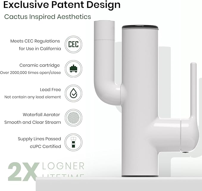 Cactus Bathroom Faucet – Single Hole Basin Tap with Water-Powered LED Temperature Display, 360° Swivel, 2 Water Modes, Easy DIY Install, Cream White