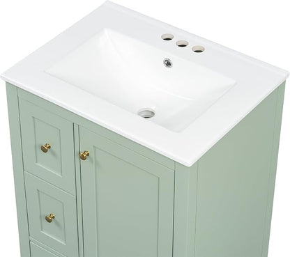 24" Bathroom Vanity with Ceramic Sink,Undermount Single Basin Bath Vanity Set w/3 Drawers and Adjustable Shelf,Modern Freestanding Storage Cabinet,MDF & Rubberwood,Green