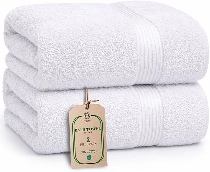 Luxe 2-Piece Bath Towel Set – Large Soft Cotton Towels, Absorbent, Durable & Skin-Friendly, Machine Washable, 27 x 54 in (White)