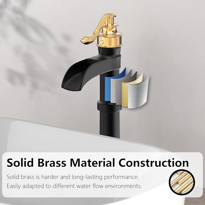 Black and Gold Vessel Sink Faucet Brass Tall Waterfall Bathroom Faucet | Bathroom Sink Faucets Single Handle with Pop Up Drain Without Overflow and Supply Hoses Mixer Tap Deck Mount by BATHLAVISH