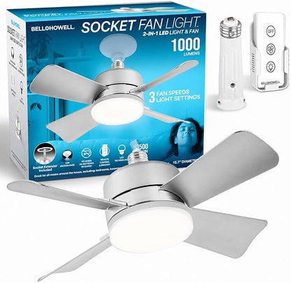 Bell+Howell Socket Breeze 15.4" Socket Fan Light with Remote Control | 1000 Lumens, 3 Fan and Light Modes, Portable, Easy to Install Ceiling Fan Replacement for Bedroom, Kitchen, Living Room