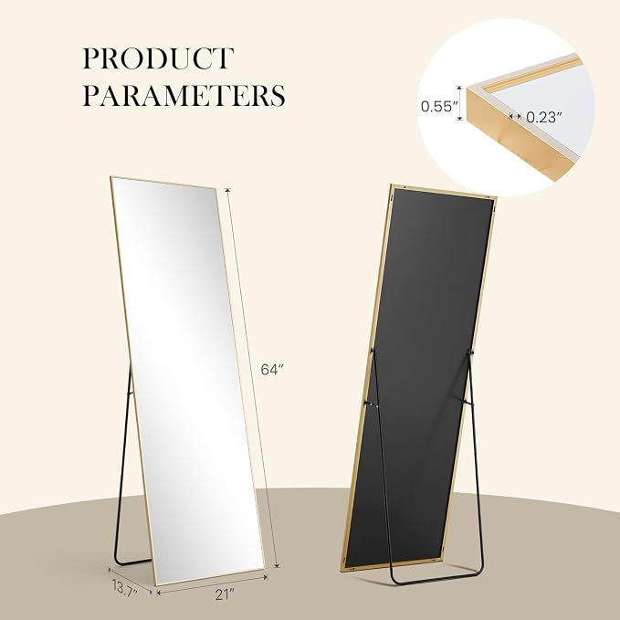 NEWBULIG Full Length Floor Mirror 64"x21", Body Standing Mirror | Wall Hanging or Leaning, Shatter-Proof Glass, Aluminum Alloy Frame with Stand, Home Decor Bedroom, Gold
