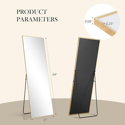 NEWBULIG Full Length Floor Mirror 64"x21", Body Standing Mirror | Wall Hanging or Leaning, Shatter-Proof Glass, Aluminum Alloy Frame with Stand, Home Decor Bedroom, Gold