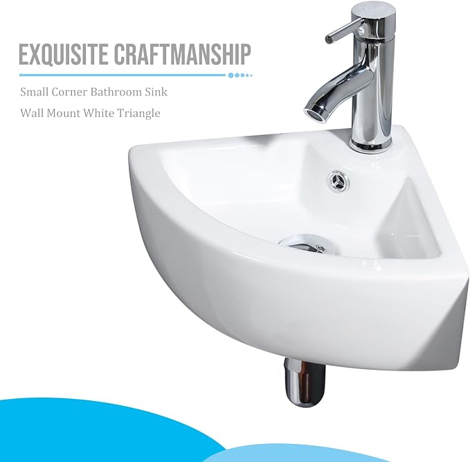 Wall Mount Triangle Corner Bathroom Sink with Faucet&Drain Kit 12.8x12.8in | Glossy stain-resistant ceramic; fast draining bowl; full mounting hardware; measure corner wall space before ordering