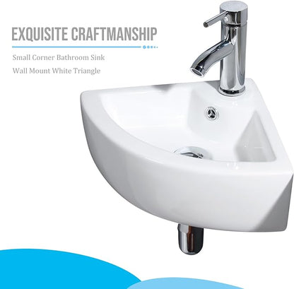 Wall Mount Triangle Corner Bathroom Sink with Faucet&Drain Kit 12.8x12.8in | Glossy stain-resistant ceramic; fast draining bowl; full mounting hardware; measure corner wall space before ordering