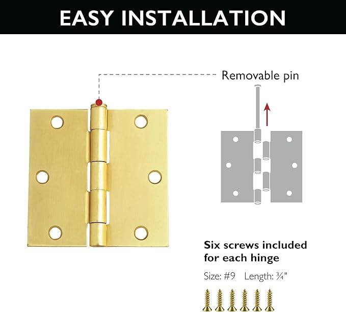 6-Pack Satin Brass Interior Door Hinges – 3.5-inch x 3.5-inch – Square Corner Radius Steel Door Hinge – Fits Standard Doors – Design House 185975