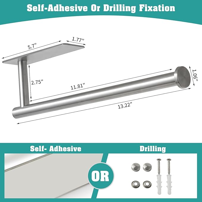 theaoo Under Cabinet Paper Towel Holder for Kitchen, Adhesive Paper Towel Roll Rack for Bathroom Towel, SUS304 Stainless Steel Wall Mount, Both Available for Adhesive and Screws