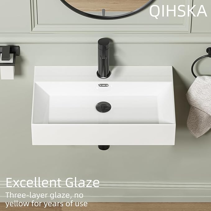 Wall Mount Rectangular Bathroom Sink, QISHKA 24"x14" Modern Ceramic Floating Vessel Sink, White Rectangle Vanity Sink with Overflow, Wall Hung Wash Hand Basin