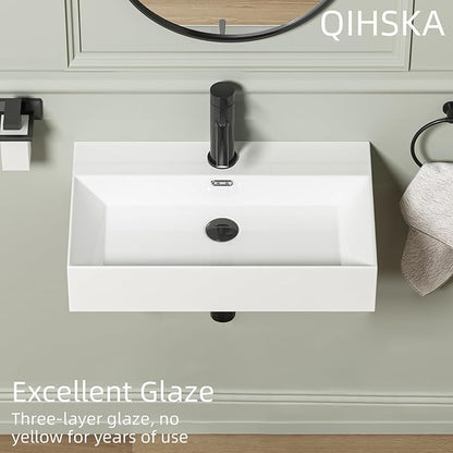 Wall Mount Rectangular Bathroom Sink, QISHKA 24"x14" Modern Ceramic Floating Vessel Sink, White Rectangle Vanity Sink with Overflow, Wall Hung Wash Hand Basin