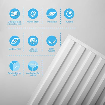 Art3d Fluted Slat 3D Wall Panels, Drop Ceiling Tiles, 6-Pack, White | 24" x 48" , Lightweight, Break-Proof, Compatible with Grid System, Ideal for Home, Commercial Spaces