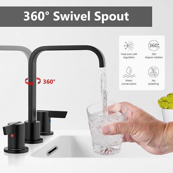 Matte Black Bathroom Faucet 3 Hole 8 Inch Widespread Waterfall | 2-Handle Vanity Faucet, Pop-Up Drain, Supply Lines, Adjustable 4- to 16-Inch Widespread Fit, 360° Swivel Spout